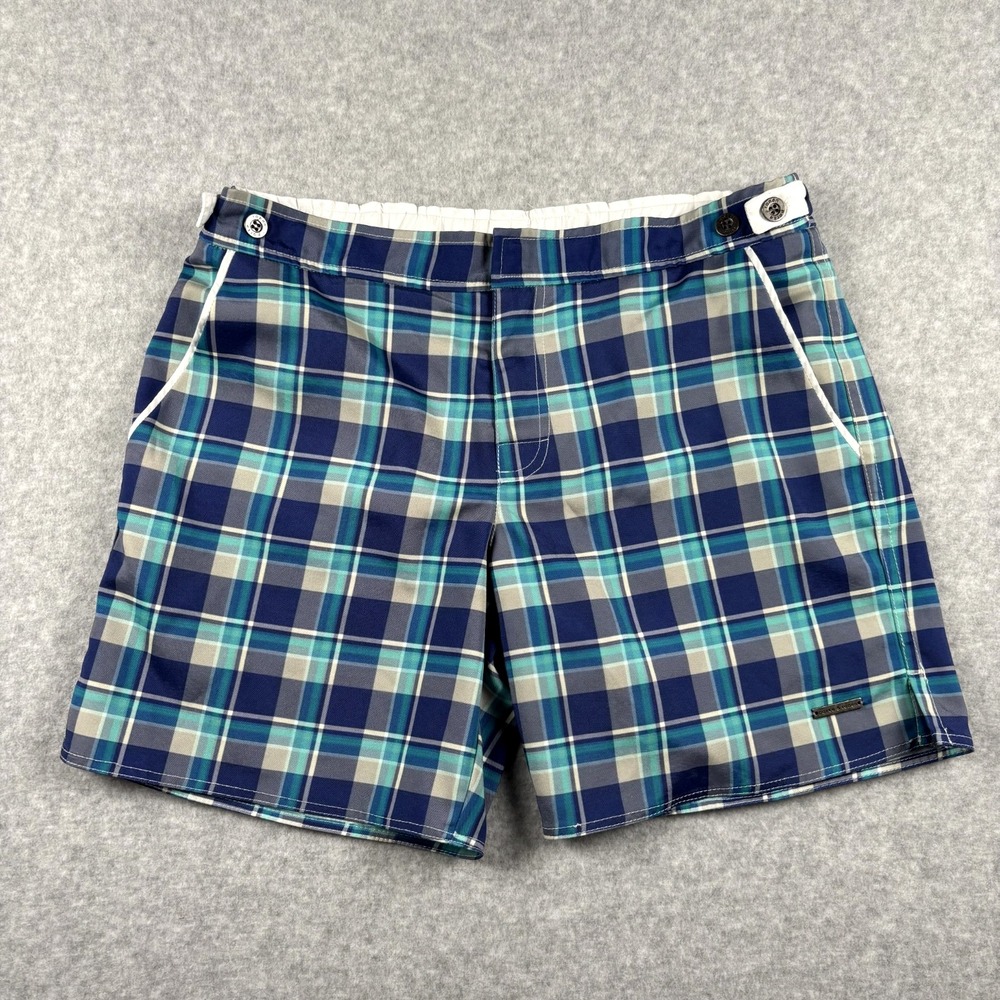 Parke & Ronen Mens Teal Black White Plaid Swim Beach Trunks Waist 31